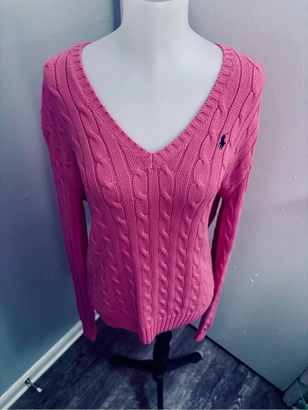 VTG Ralph Lauren Sport Hot Pink Cable Knit V-Neck Sweater XL